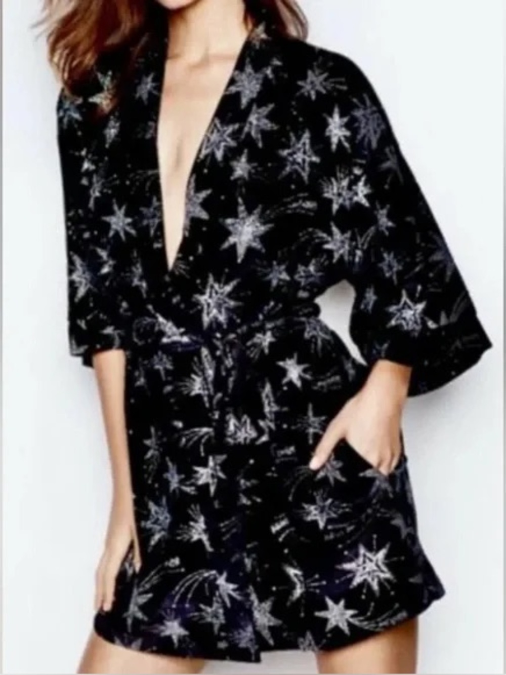 Victoria Secret Velvet Black Silver Stars Tie Robe Size M/L